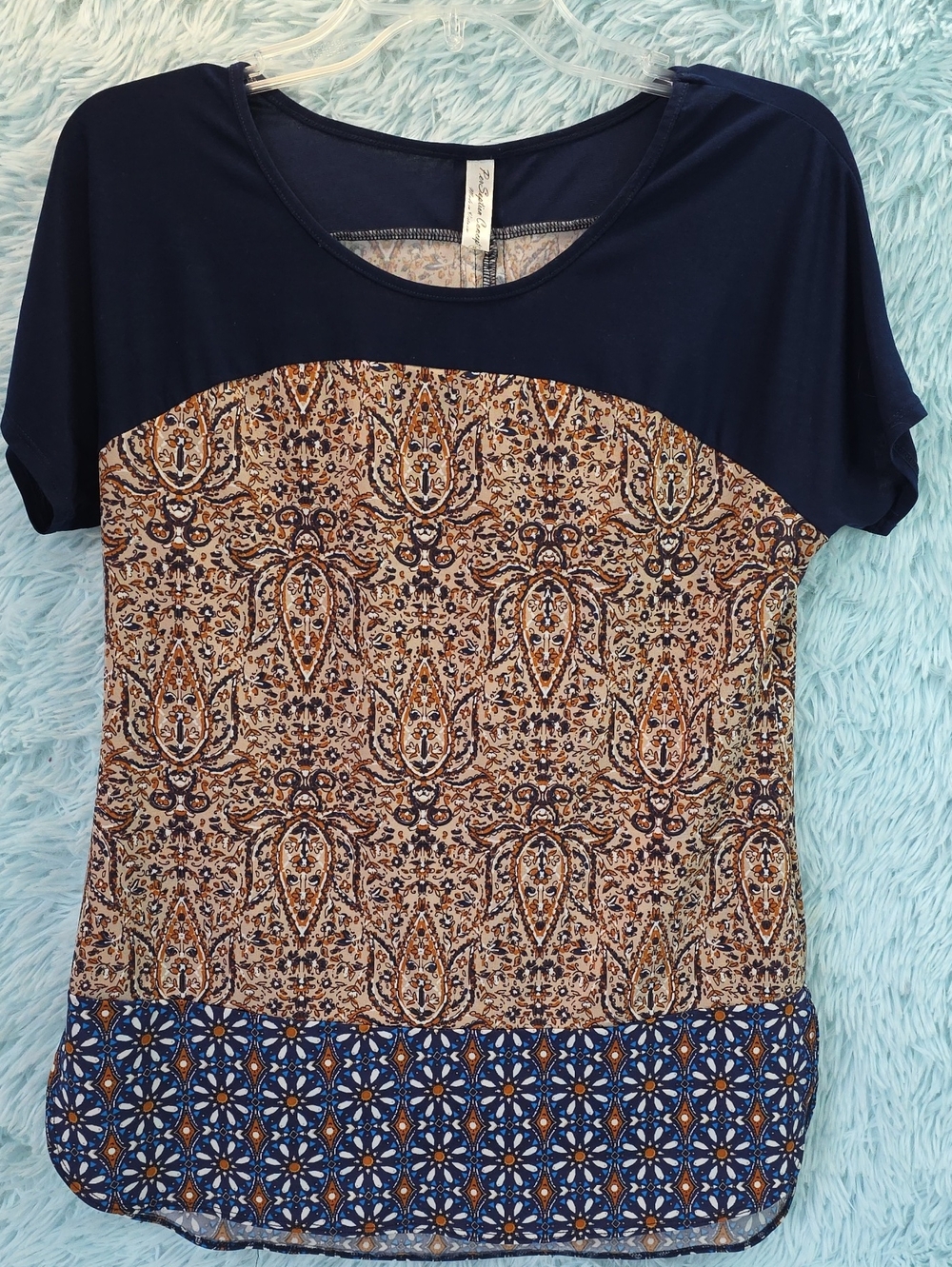 PerSeption Concept Navy and Tan Mixed Print Scoop Neck Short Sleeve Top